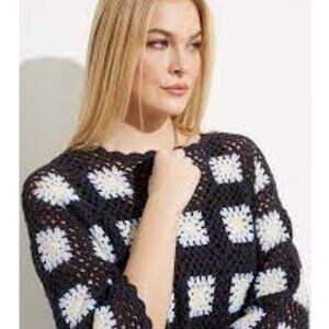 Women’s Sweater Crochet Open Navy Floral Granny Square Long Sleeve Boho‎ Cottage